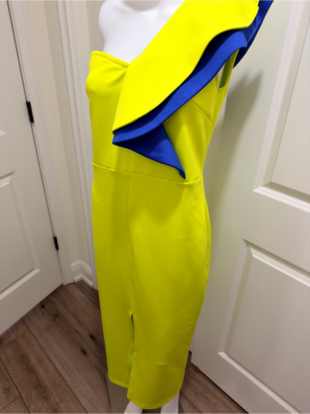 One-Shoulder Neon green Dress with Blue Ruffle